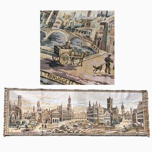 Rare Belgium Tapestry Brussels Bruges Gent Wall Hanging City Scene